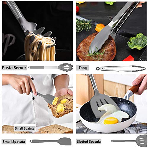 Umite Chef Kitchen Utensils Set, 15 pcs Silicone Cooking Kitchen Utensils Set, Heat Resistant Non-stick BPA-Free Silicone Stainless Steel Handle Turner Spatula Spoon Tongs Whisk Cookware (Grey)