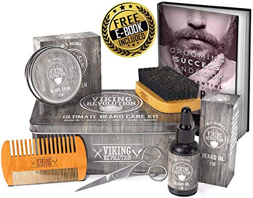 Viking Revolution Beard Care Kit for Men - Ultimate Beard Grooming Kit Includes 100% Boar Men’s Beard Brush, Wooden Beard Comb, Beard Balm, Beard Oil, Beard & Mustache Scissors in a Metal Gift Box