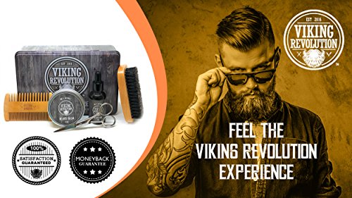 Viking Revolution Beard Care Kit for Men - Ultimate Beard Grooming Kit Includes 100% Boar Men’s Beard Brush, Wooden Beard Comb, Beard Balm, Beard Oil, Beard & Mustache Scissors in a Metal Gift Box